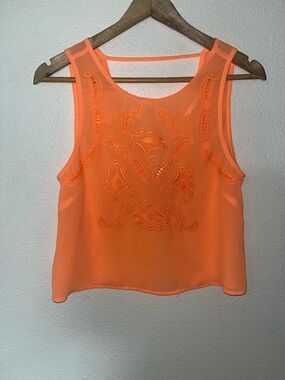 Women's Neon Orange Embroidered Sleeveless Tank Top